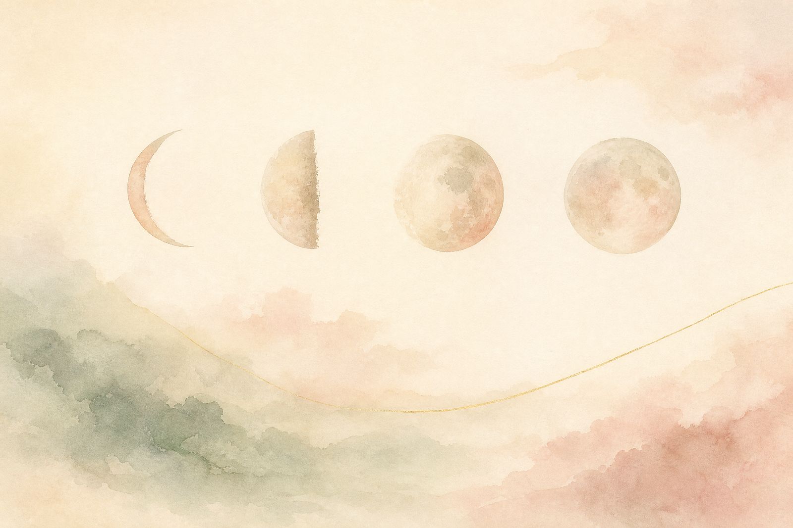 Aquarell: vier Mondphasen über einem warmen Himmel