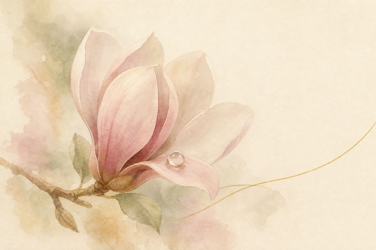 Aquarell: eine halb geöffnete Magnolienblüte mit einem Tautropfen