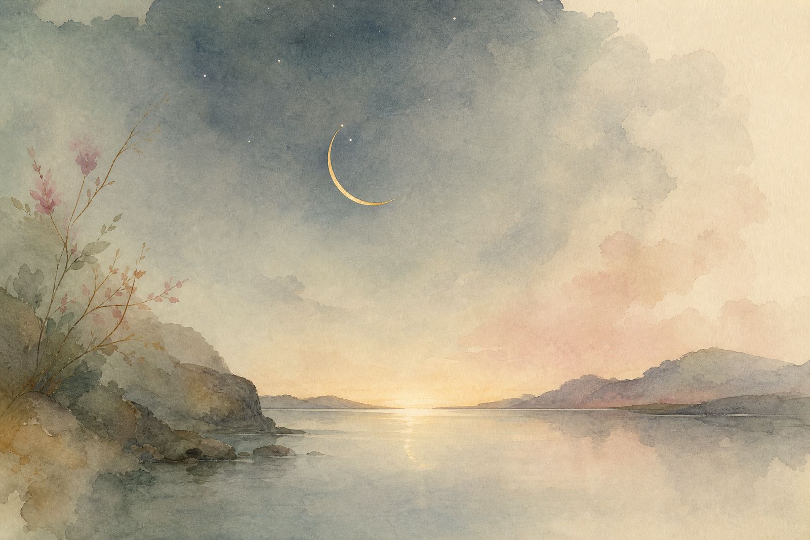 Aquarell: eine schmale Mondsichel über stillem Nachtwasser mit warmem Schimmer am Horizont