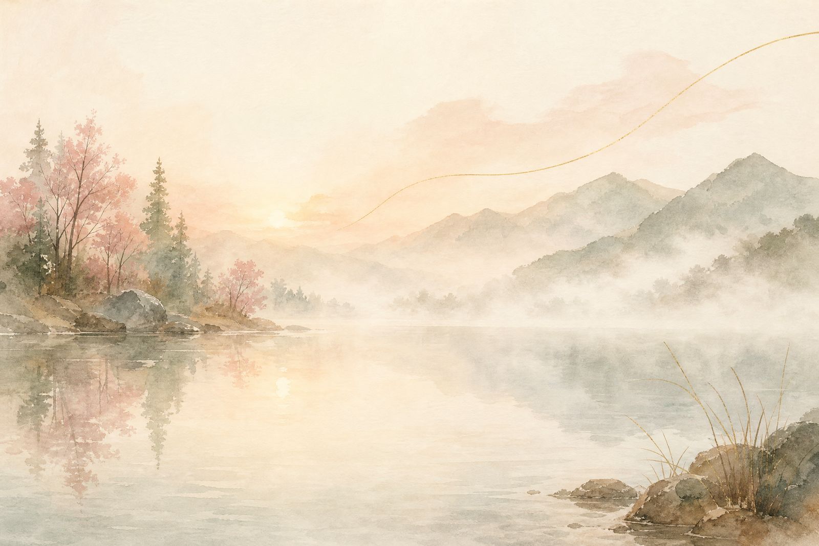 Aquarell: Morgennebel lichtet sich über einem stillen See