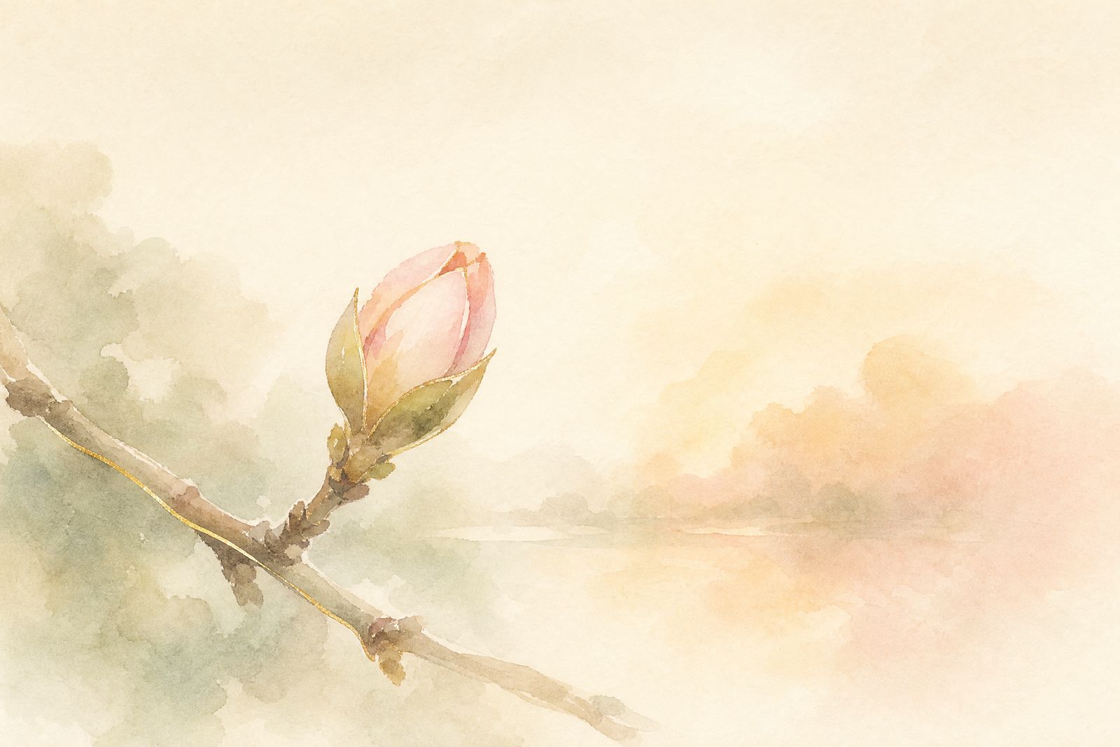 Aquarell: eine erste zarte Knospe an einem kahlen Zweig im Morgenlicht