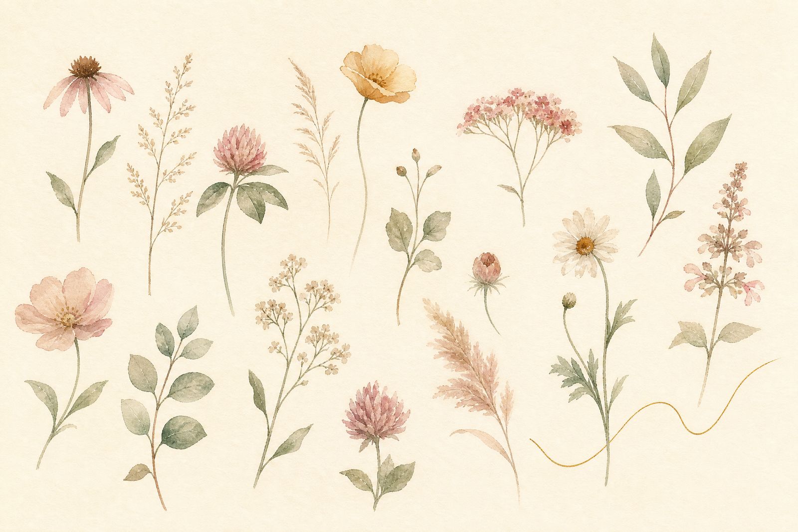 Aquarell: eine zarte Streuung kleiner verschiedener Wildblumen und Gräser auf Creme