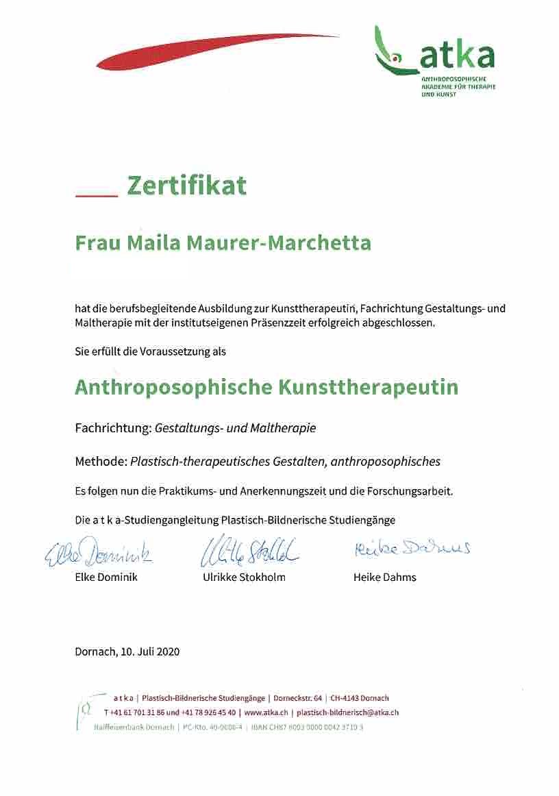 Zertifikat: Anthroposophische Kunsttherapeutin, atka Dornach, Maila Marchetta